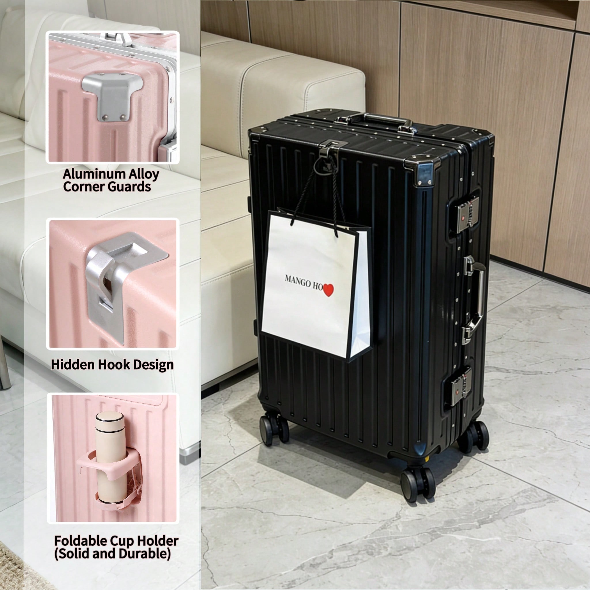 Aluminum Frame Carry On Luggage - 20-Zoll-Handgepäckkoffer, von Fluggesellschaften zugelassen, PC-Hartschalenkoffer mit